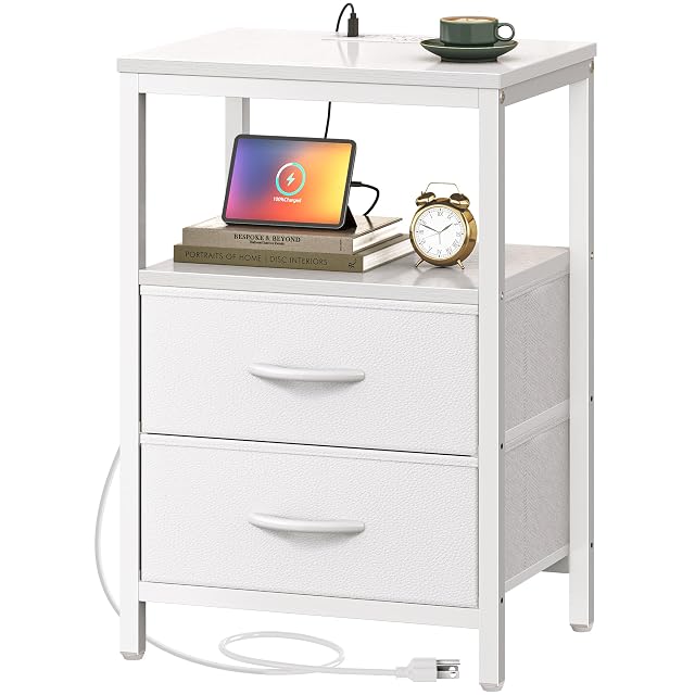 Huuger Nightstand with Charging Station Side Table with 2 Fabric Drawers End Table with Open Shelf Bedside Table