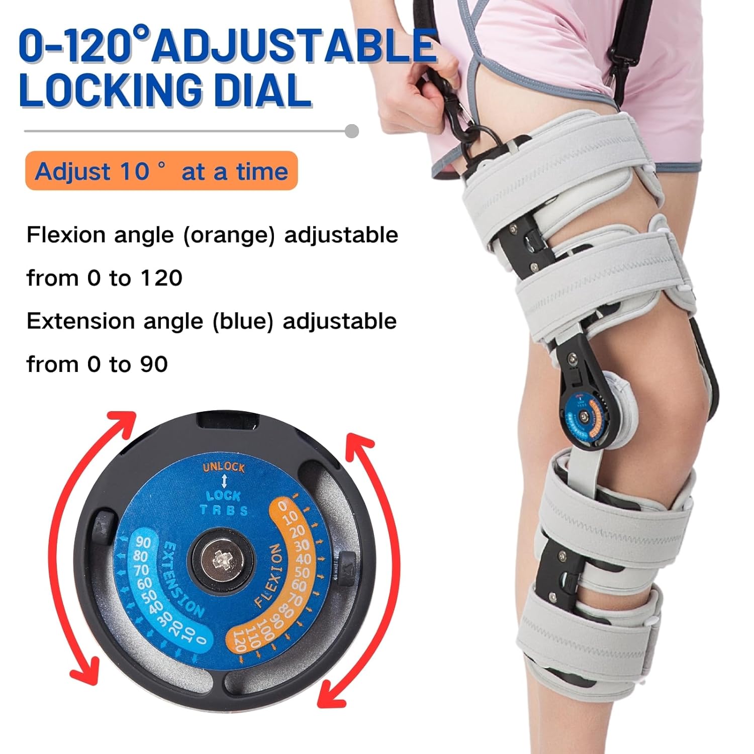 Hinged ROM Knee Brace, Post Op Knee Immobilizer with Side Stabilizers, Adjustable Knee Orthopedic Support After Surgery for Arthritis, ACL, MCL, and PCL Injury