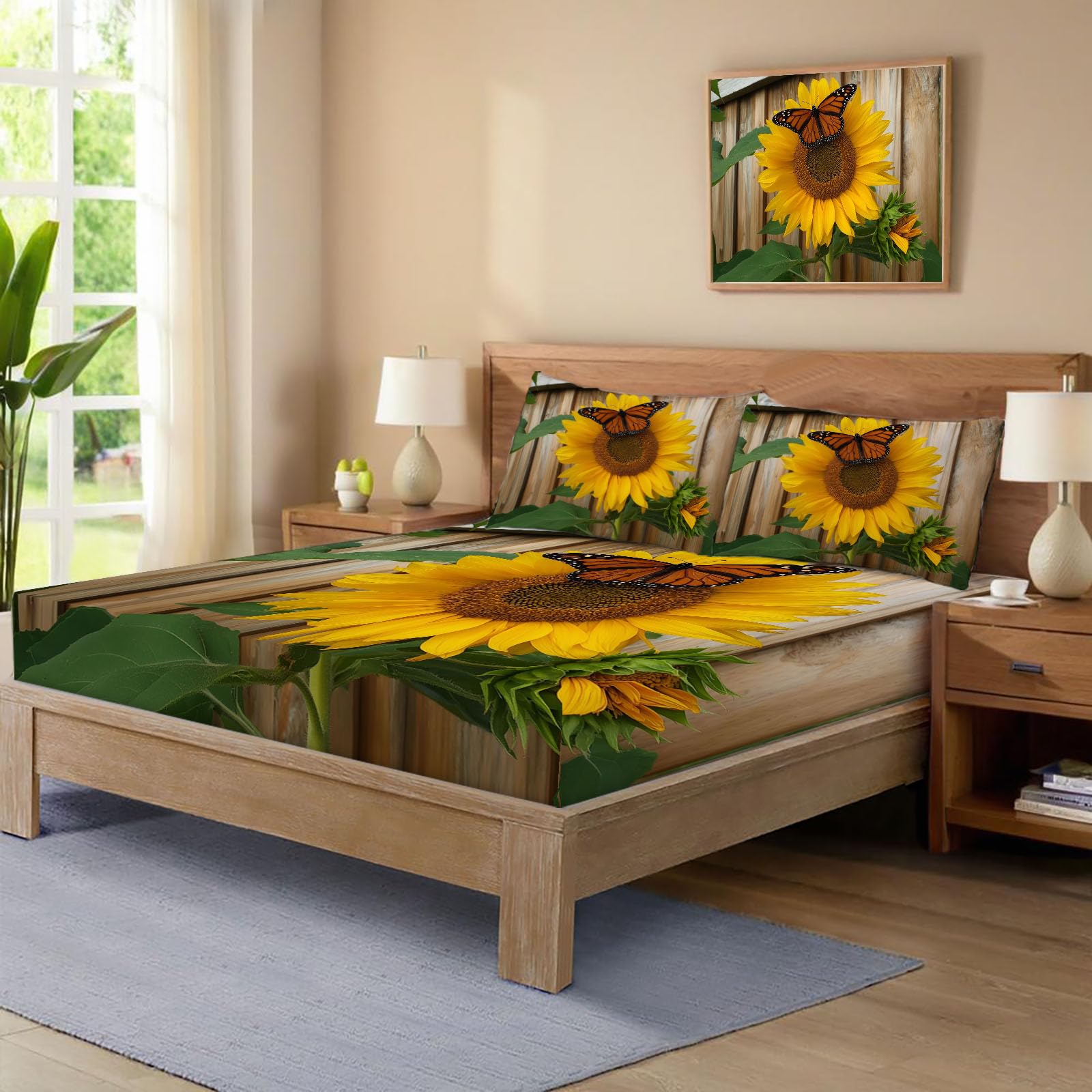 Sábanas 200X190/200Cm - Juego De Sábanas 3 Piezas Estampadas Mariposa Girasol - Microfibra Suave Transpirable - Sábana Bajera Ajustable - Ropa De Cama Plantas Del Campo (Bronceado)