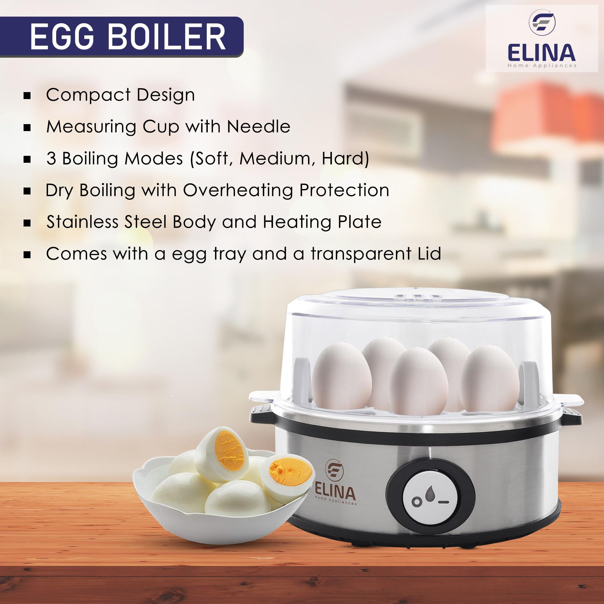 Elina Smart Stainless Steel Egg Boiler | Boil up to 7 Eggs - 360 Watts | 3 Boiling levels: Soft, Middle and Hard | Automatic, Overheat Protection | Easy to clean | 1Year Warranty 1