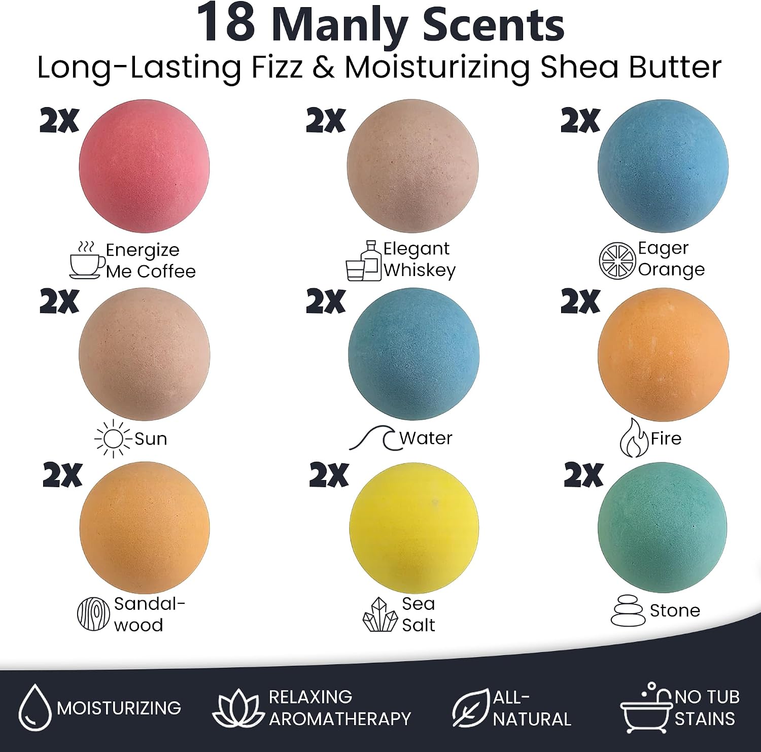 Bath Bombs for Men - Gift Set of 18 Strong Scented Handmade Natural Bath Bombs of 2.5 oz w/Essential Oils Scents, for Boyfriend, Husband, Father - 18 Pack