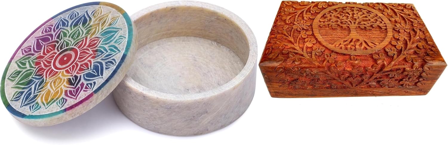 Ajuny Gift Set – Handcarved Wooden Treasure Chest (8×5 in, Tree of Life) + Hand-Painted Soapstone Mandala Trinket Box (3 in) – Jewelry & Keepsake Storage, Boho Coffee Table Decor, Gift-Ready