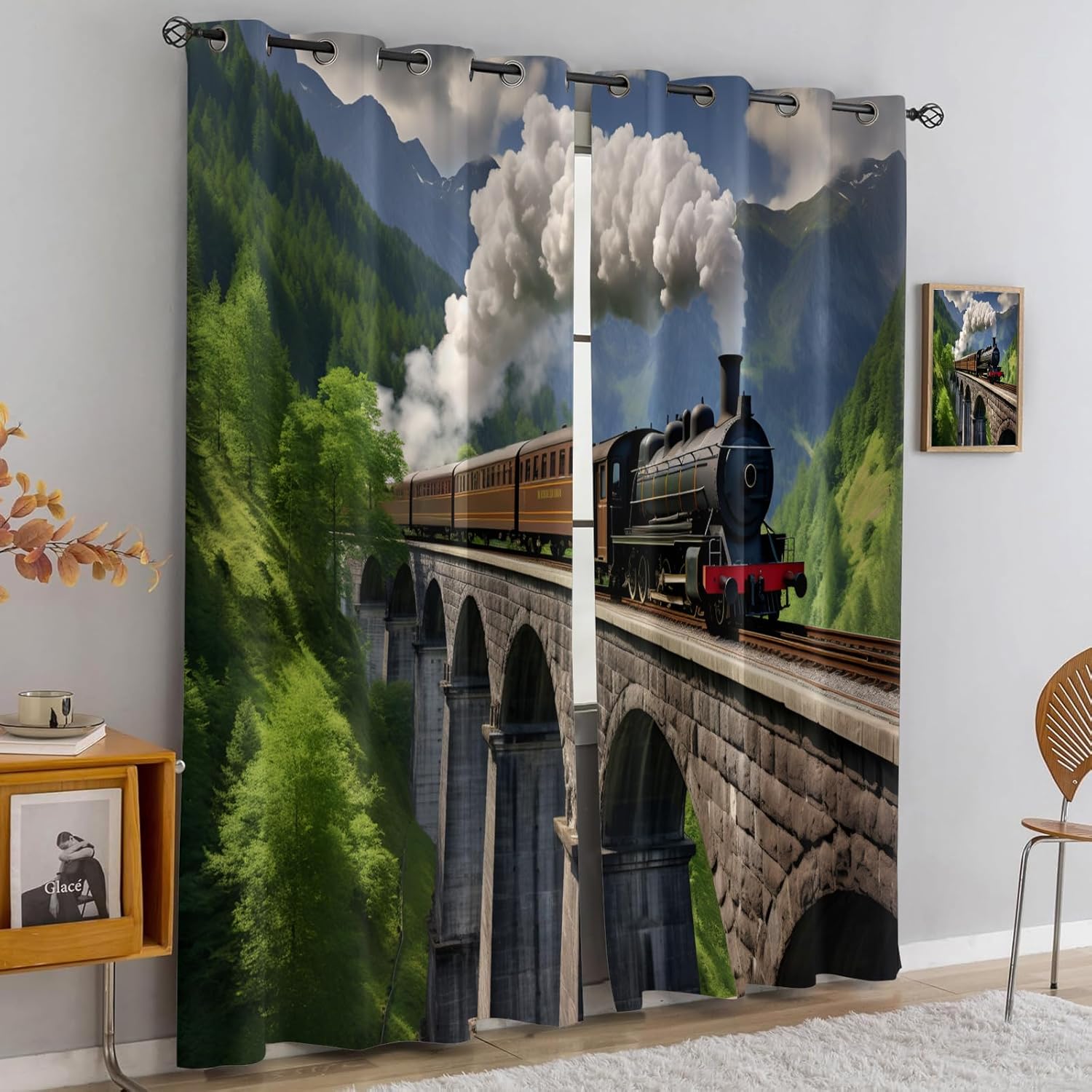 Vintage Train Black Out Curtains 84 inch Long 2 Panels, Steam Engine Locomotive Curtains for Bedroom Living Room Decor, Steam Train Window Treatment Drapes with Grommet