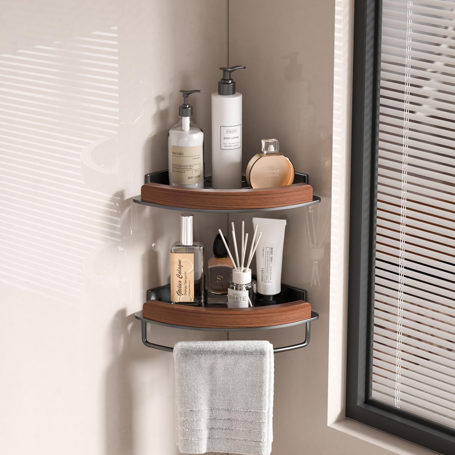ZNYOPA Black Walnut Wall-Mounted Corner Caddy for Bathroom - No Drill Triangle Corner Storage Rack With Glue Accessories