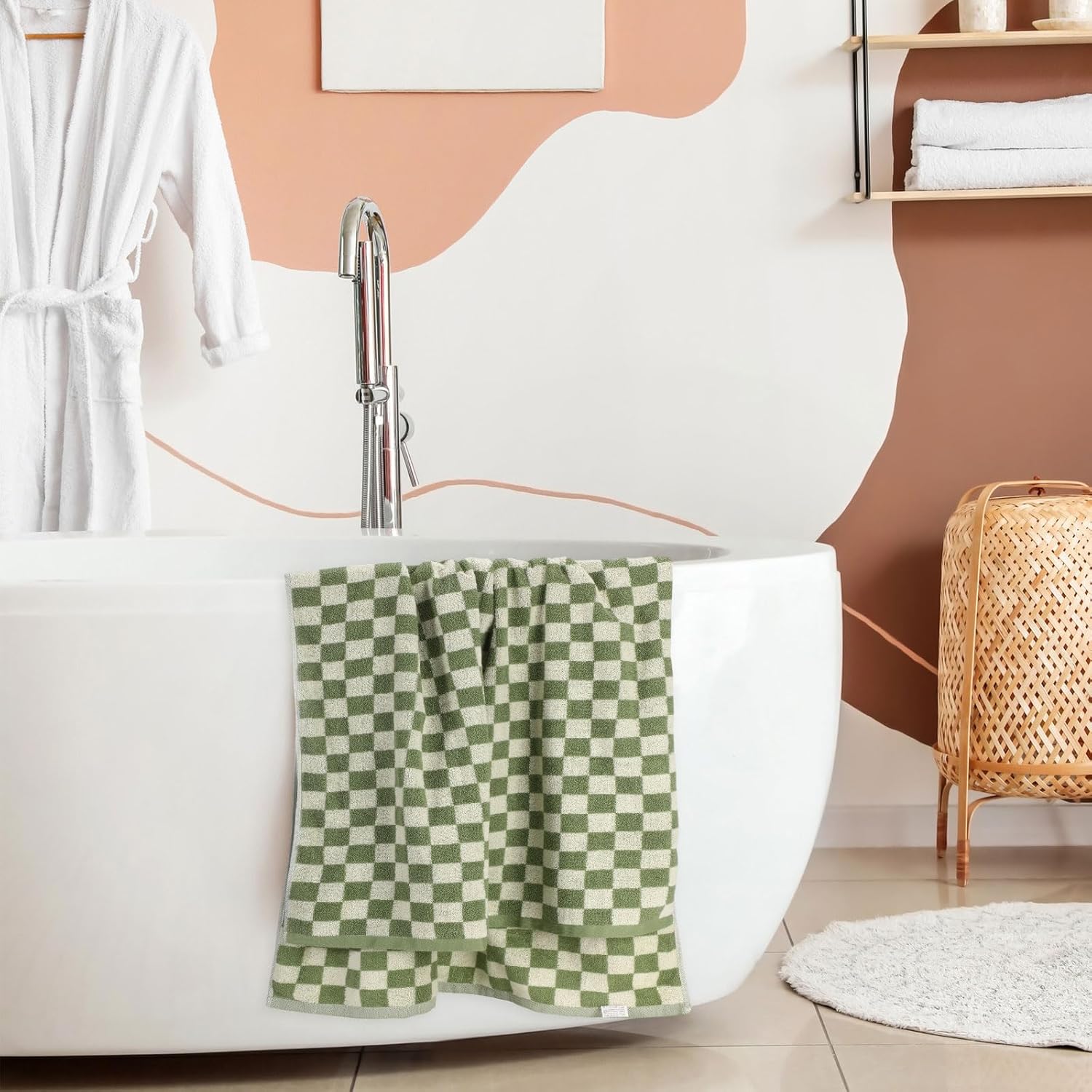 Breling 2 Pcs Checkered Large Bath Towels Bulk 55.12 x 27.56 Inches Soft Cotton Absorbent Retro Bath Towels for Bathroom Spa Shower Gifting Hotel Gym Beach Pool Body Drying(Green) - Image 6