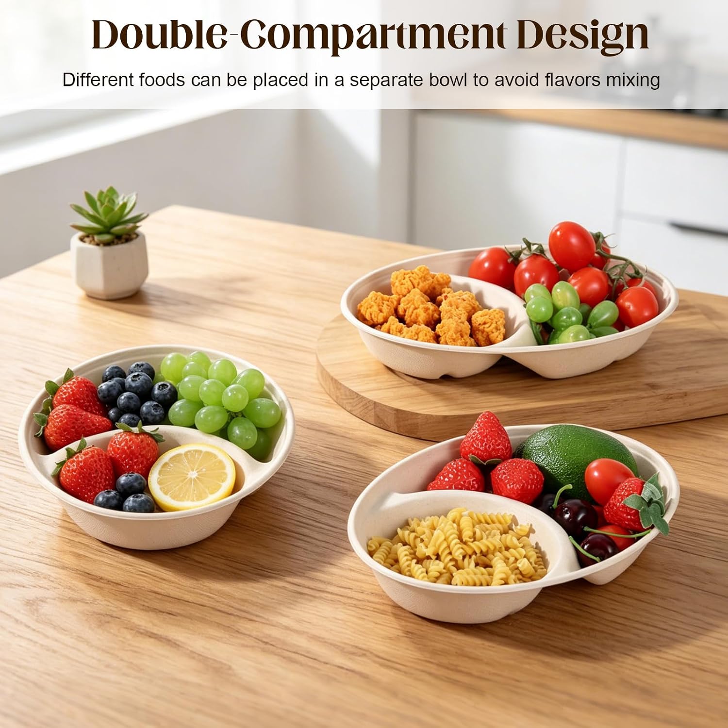 60 Pack 2 Compartment Oval Disposable Bowls, 9.3 x 6.7 x 1.4 Inch Biodegradable Sugarcane Fiber Food Trays, Microwave Safe Paper Bowls for Salad, Nachos, Burritos, Soup & Fruits image 4