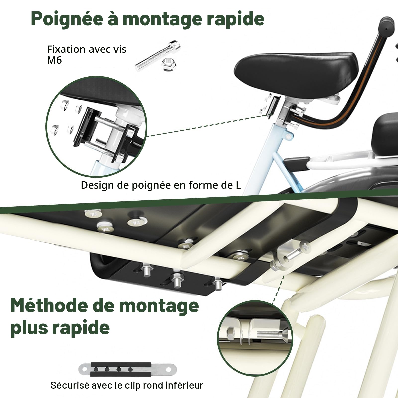 Siège enfant de vélo, siège arrière réglable, avec accoudoirs de sécurité et repose-pieds - Siège de sécurité de vélo pour enfants de 2 à 6 ans - Convient pour les vélos avec porte-bagages