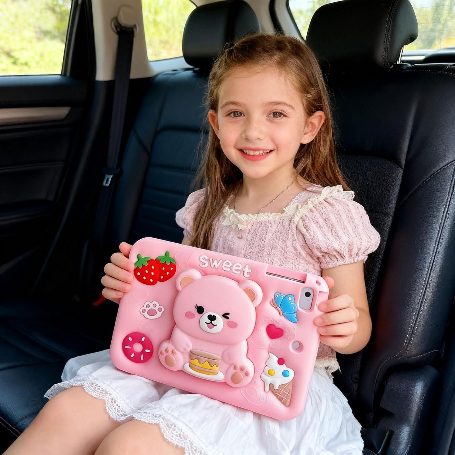 for iPad A16 Case 11th Generation 11 Inch 2025/for iPad 10th Generation Case 2022 10.9 Inch - Cute Cartoon Soft 3D Silicone Bear Cover with Strap & Stand for Girls Girly