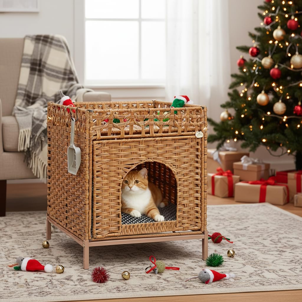 Homegroove Lettiera per gatti nascosta, con tappetino morbido e recinzione, comoda cuccia in rattan intrecciata a mano, con ganci a forma di S, per soggiorno, camera da letto (noce)