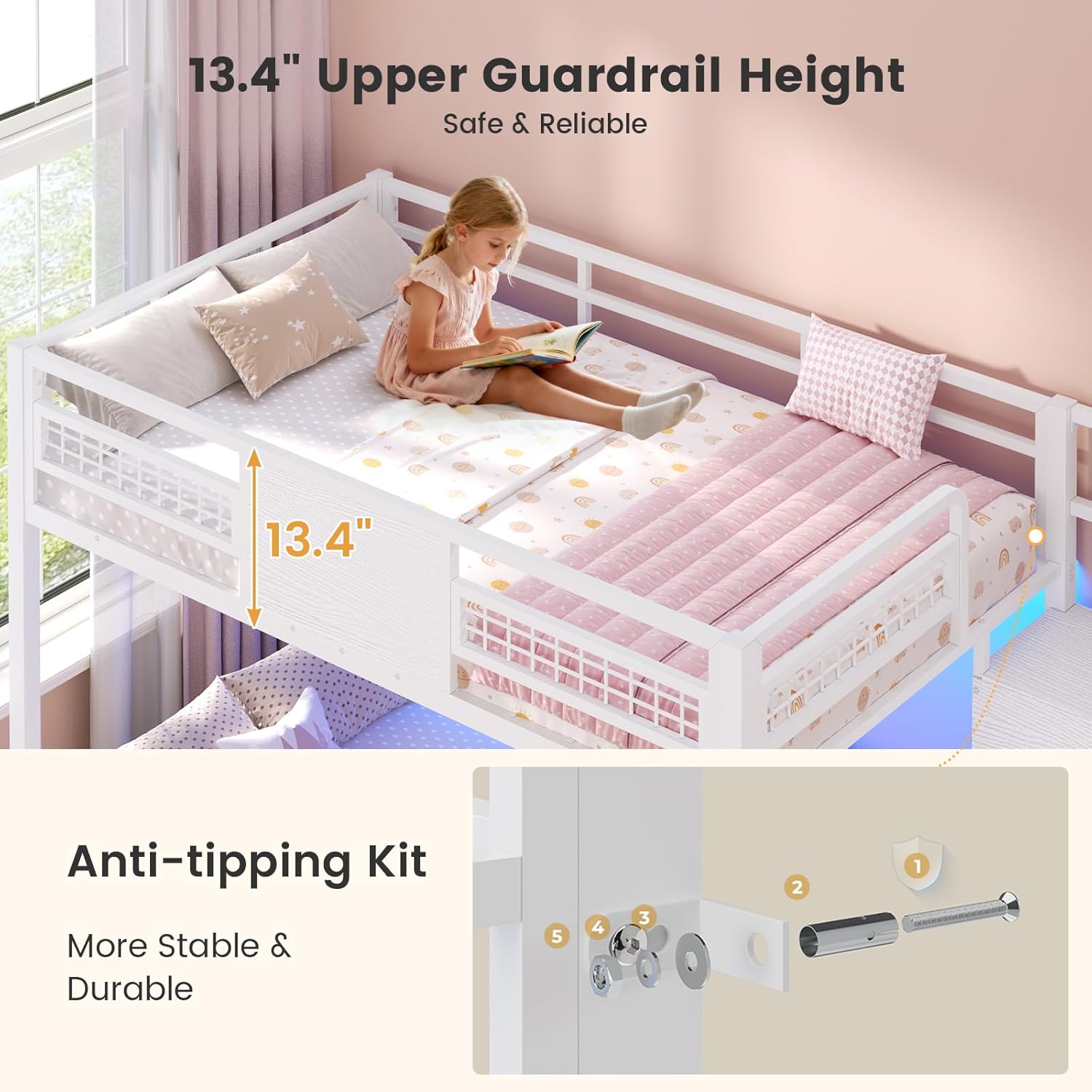 Image showing the LED lighting feature of the bunk bed with remote and app control options.