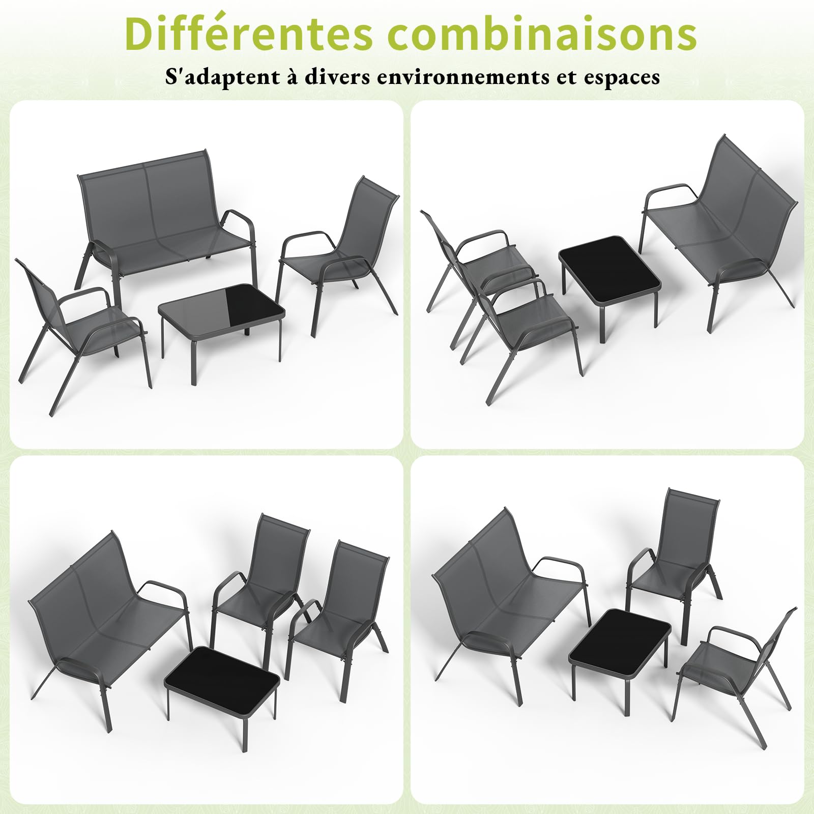 LIFERUN Salon de Jardin Extérieur 4 Pièces 4 Personnes,Ensemble de Mobilier | Textilène Résistant, Canapé 2 Places, 2 Fauteuils, 1 Table Basse, Ensemble de Terrasse pour Balcon, Extérieurs (Gris)