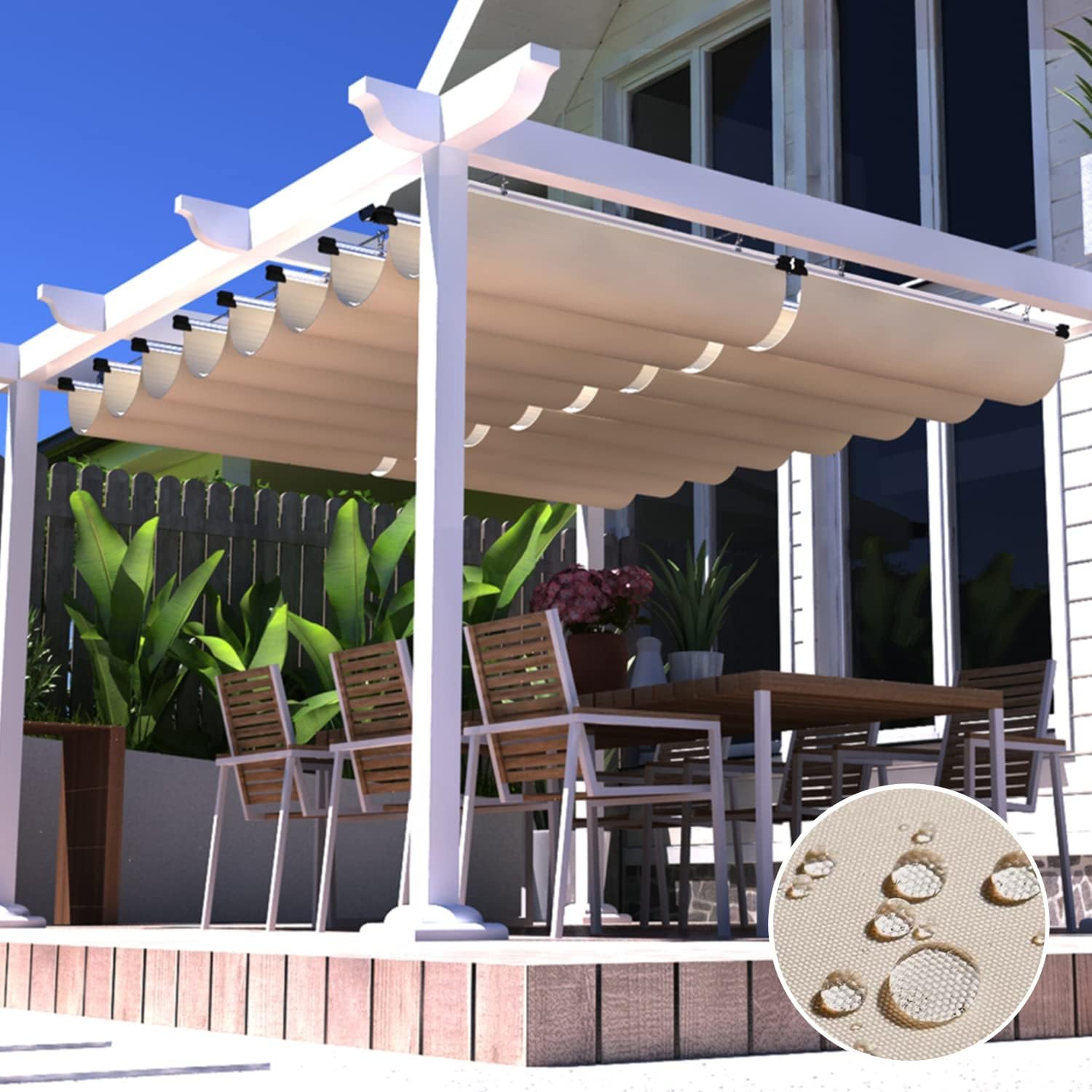 4' × 12' Waterproof Pergola Shade Cover Retractable Pergola Replacement Canopy Slide Shade Sail with Cable Hardware for Outdoor Patio Porch Garage Deck Backyard Awning, Beige