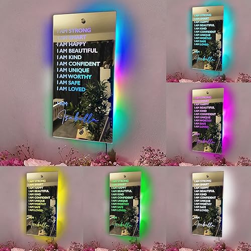 Miniatura 2 de Espejo de afirmaciones personalizado  Espejo iluminado con texto personalizado, luz nocturna con nombre, letreros de neón para dormitorio,