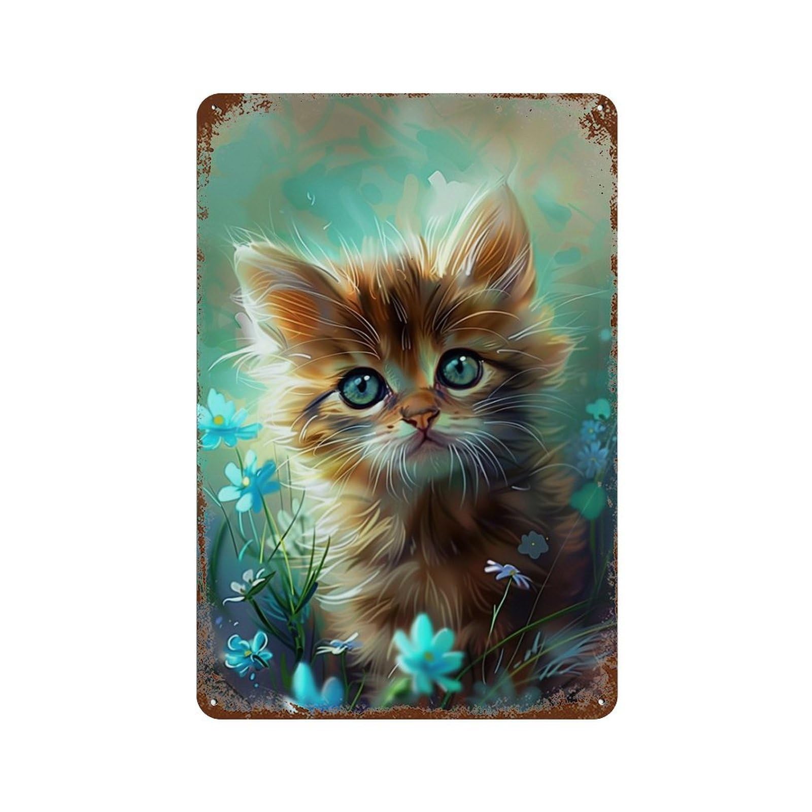 Cute Kitten with Flowers Vintage Metal Tin Sign 11.8"x7.9", Vintage Wall Decor for Garage, Pub Or Kitchen