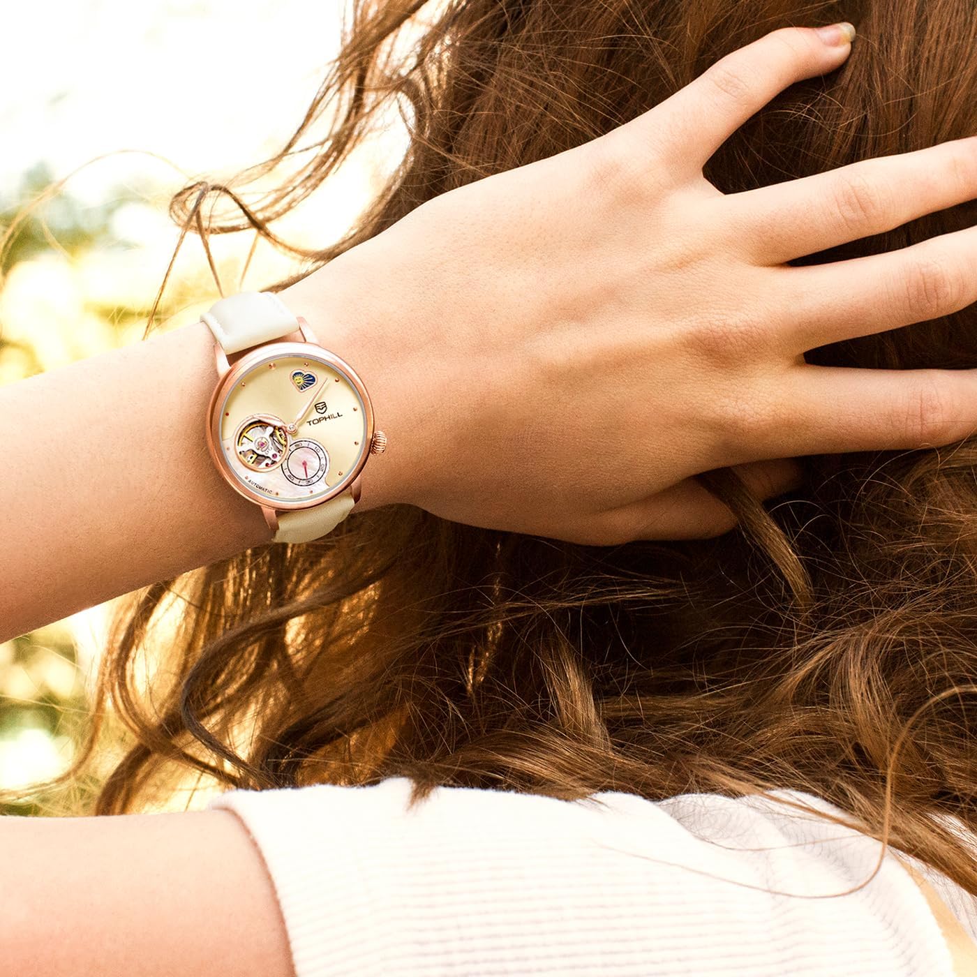 TOPHILL Womens Watch Automatic,Elegant Leather Watch,Sapphire Crystal,Day& Night Display,Skeleton Mechanical Ladies Watches, Casual Dress Watches for Women