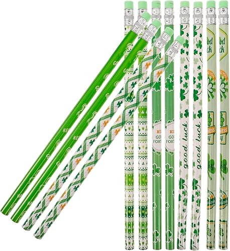 EXCEART Lápices del Día de San Patricio, 12 lápices de trébol con borrador, tréboles, novedosos lápices de rayas, lápices de madera de la suerte,