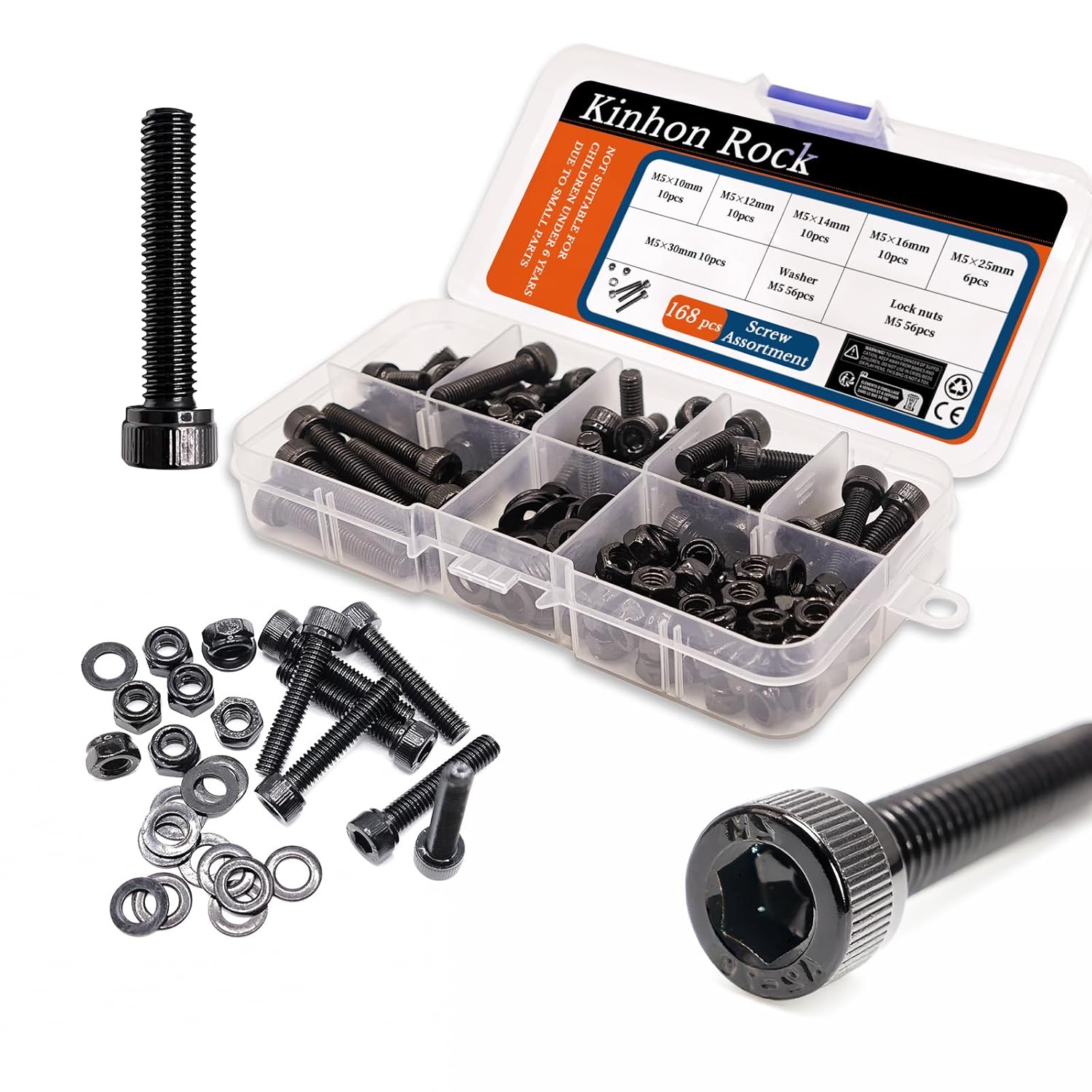 168PCS M5 Metric Black Screw Assortment Kit Dacromet Process 304 Stainless Steel Hex Socket Head Cap Screws, Nuts, Washers Set with Case for Furniture DIY, Installation of Cameras (10-30mm)