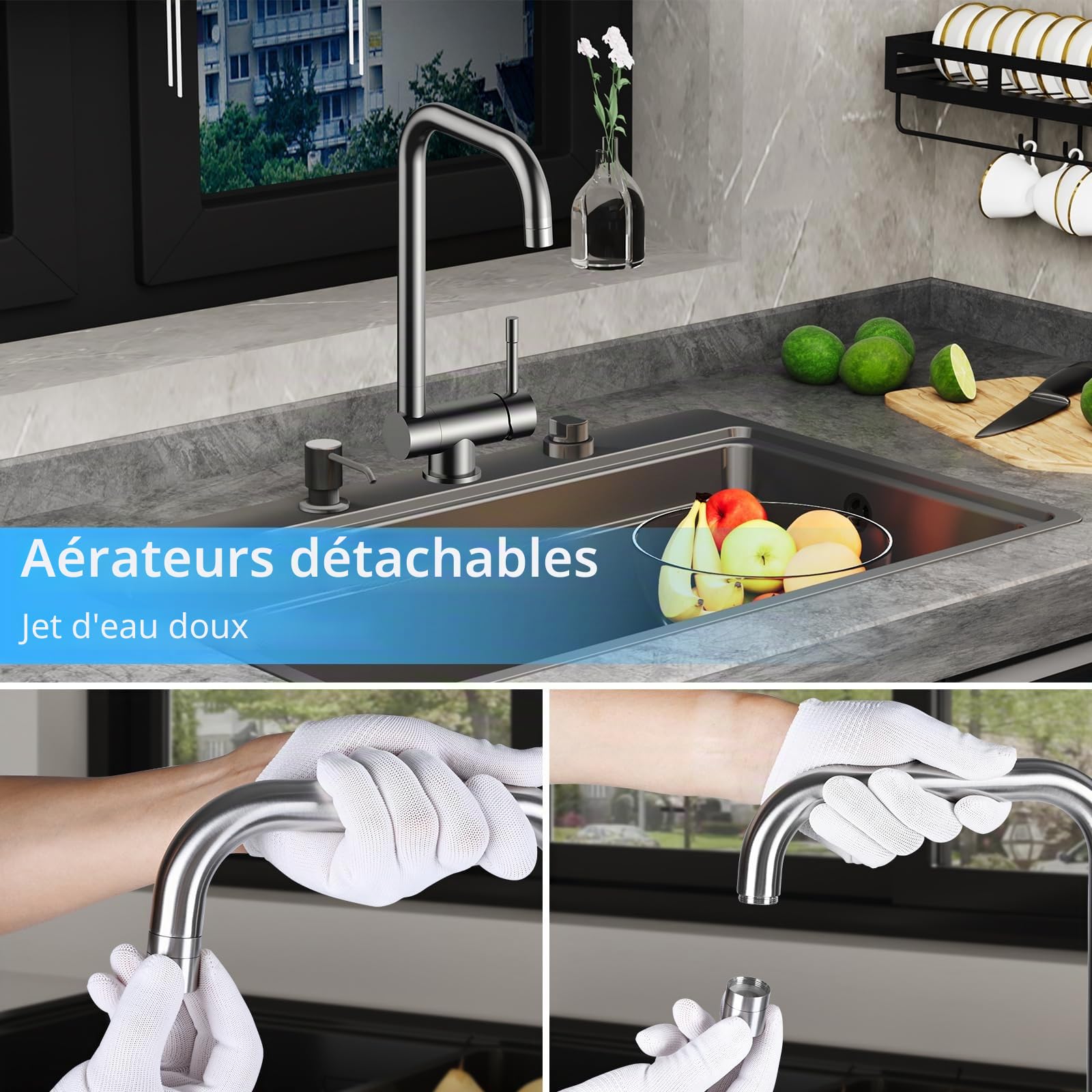 YEAUPE PRO Robinet de cuisine pliable pour fenêtre avant - Robinet pivotant à 360° - Robinet d'évier pliable à 180° en acier inoxydable 304 - Mitigeur avec 2 types de jet - Design démarrage à froid