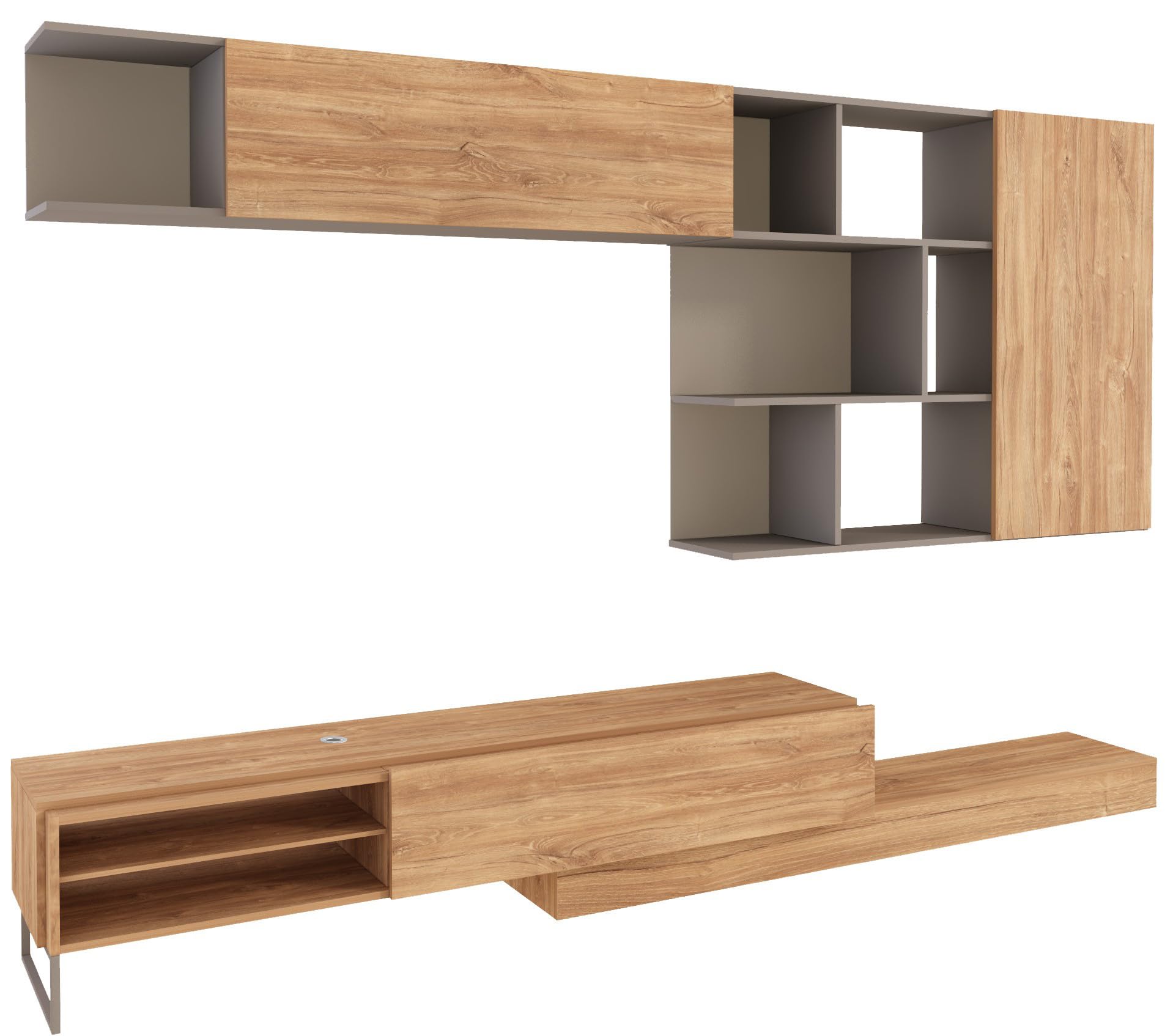 Mobelcenter, Mueble de Salón Enio Reversible, Módulo TV y Módulo Superior, Acabado en Color Roble Kansas y Gris, Medidas: Ancho: 272-309 cm x Fondo: 44 cm x Alto: 102 cm (1648)