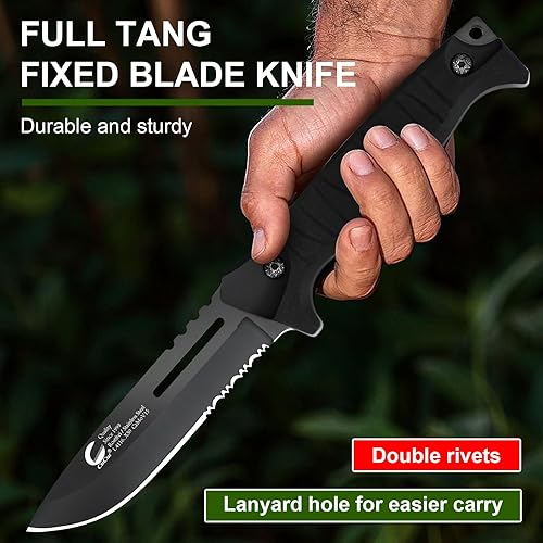 Miniatura 6 de Cuchillo de hoja fija de espiga completa con funda, hoja de acero al carbono de 4 pulgadas, acabado antiadherente negro con borde dentado, cuchillo