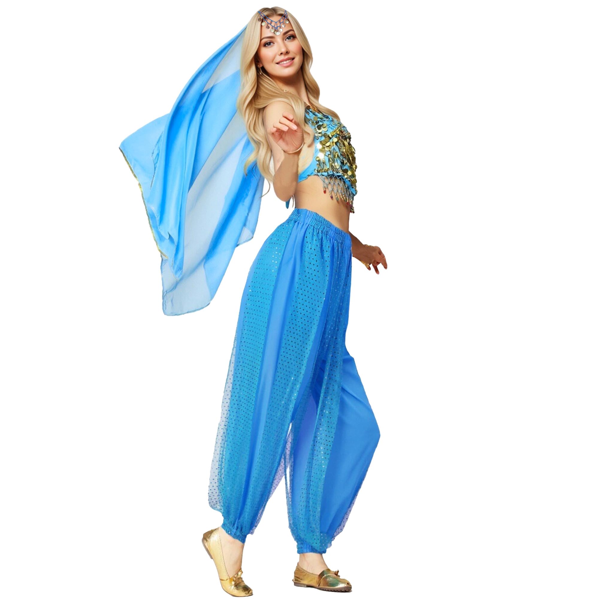 MUNAFIE Belly Dance Costume Tops Lantern Pants Suits Women Girls Bollywood Halloween Carnival Festival Outfits Sky Blue