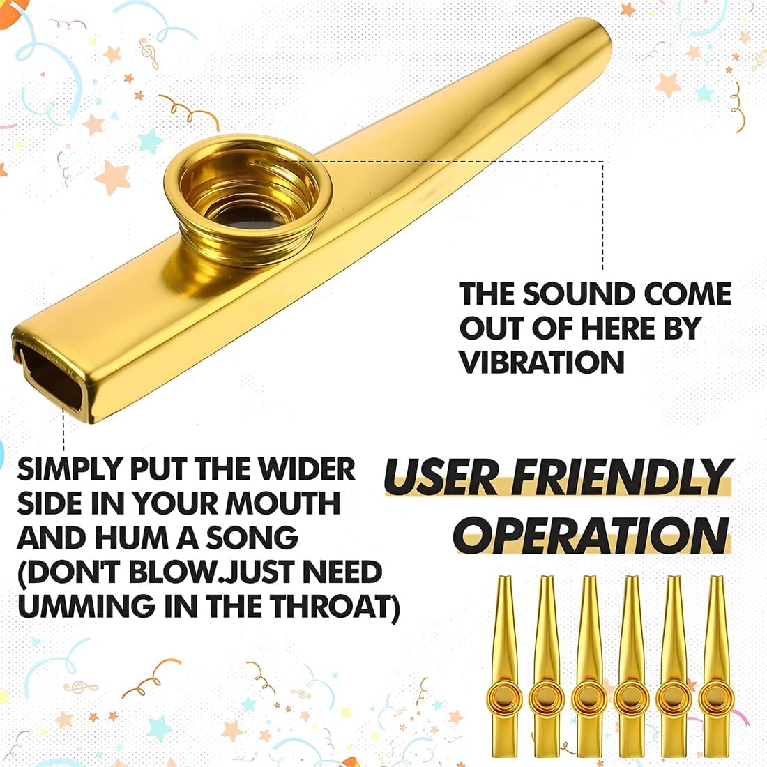 Gold Kazoo Instrument Profi, z 10 membranami Kazoo, osłona ochronna i rurka, do ukulele, gitary, towarzyszenie początkującym, kreatywność