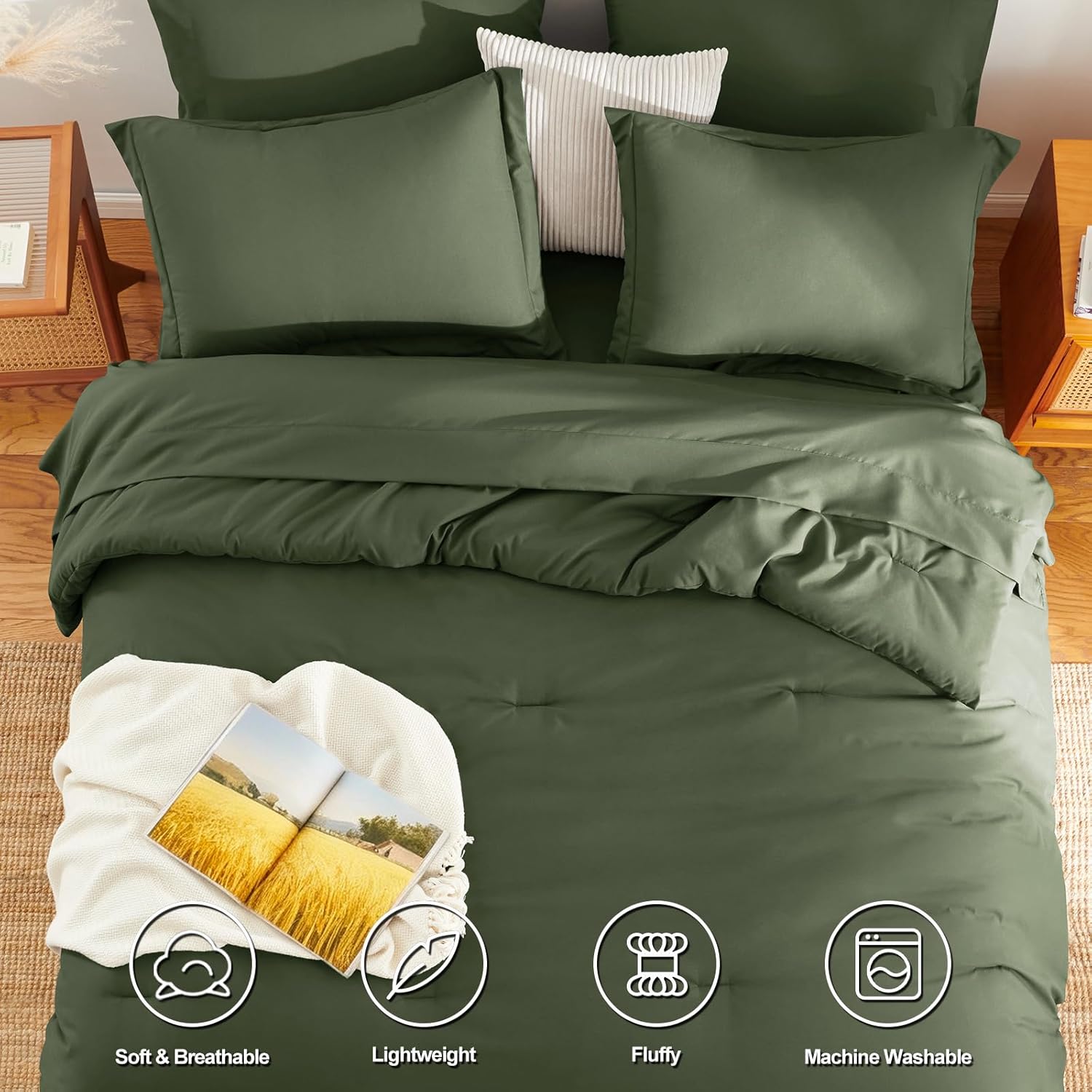 Olive Green Queen Comforter Set, 7 Pieces Bed in a Bag Queen Lightweight Bedding Set, All Season Soft 7PC Bed Set with Comforter, Flat Sheet, Fitted Sheet, Pillowcases & Pillow Shams - Image 2
