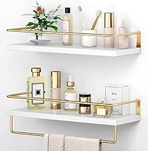 Onlysky Wood White Floating Shelves With Golden Towel Rack - Set Of 2 Wall Mounted Hanging Bathroom Shelves, Decorative Shelves For Stylish Storage In Bathroom, Kitchen, Living Room & Bedroom