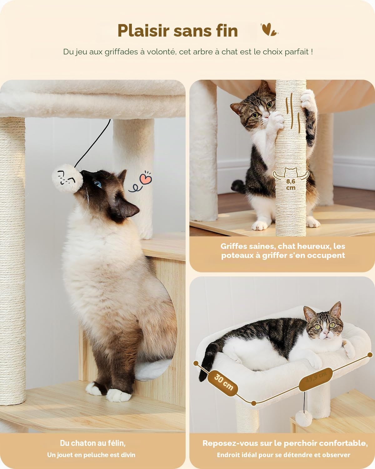 PETEPELA Arbre à Chat Design Moderne, Arbre a Chat en Bois avec Grand Hamac, Perchoir Confortable & Poteaux à Griffer en Sisal, 143 cm, Beige