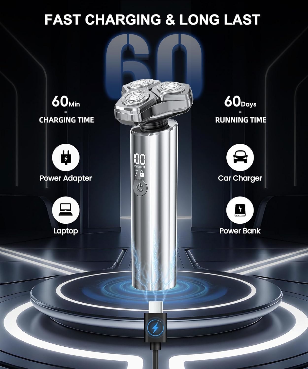 GLLAVA Electric Razor QWER11 connected to a USB-C charger, illustrating fast charging and long battery life