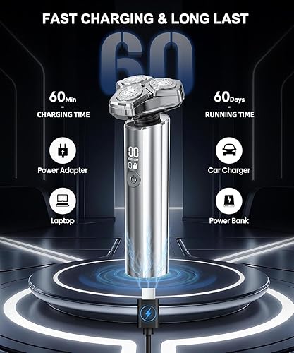 Miniatura 2 de Maquinilla de afeitar eléctrica para hombres, motor de alta velocidad de 10,000 RPM, IPX8 impermeable, carga rápida USB, carga rápida y bloqueo de