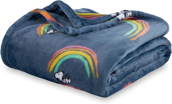 Berkshire Blanket Peanuts VelvetLoft Cute Character Snoopy Plush Oversized Kids Throw Blanket, Peanuts Snoopy Rainbow No Dot Dusty Navy 50in x 60in