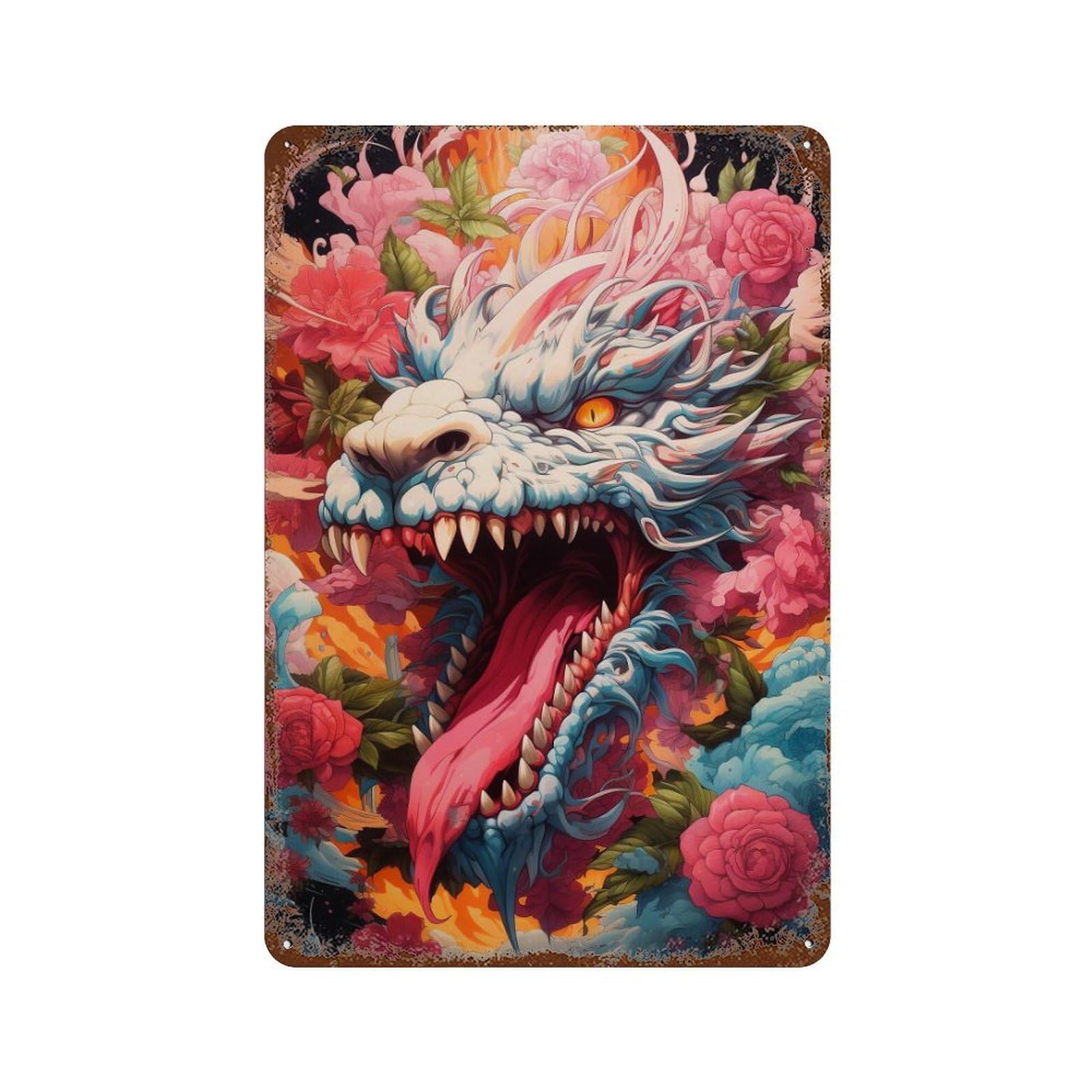 Dragon's Fiery Floral Fantasy 11.8"x7.9" Rustic Tin Plaque, Novelty Wall Decor for Bistro, Counter And Cafe Decor