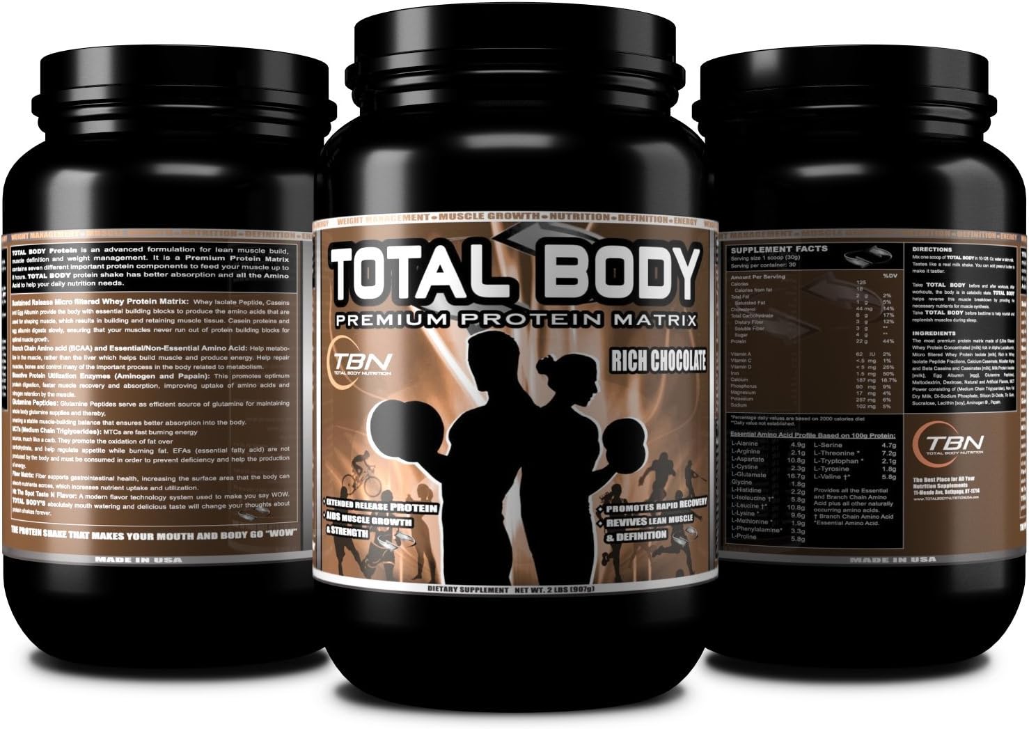 TBN Labs #1 TOTAL BODY PROTEIN is an advanced formulation for Lean Muscle Build, Muscle Definition and Weight Management. It is a Premium Protein Matrix contains seven different important protein, Flavor: Vanilla Cream, Net Wt: 2lbs, Serbing Size: 30g, Total Servings: 30.