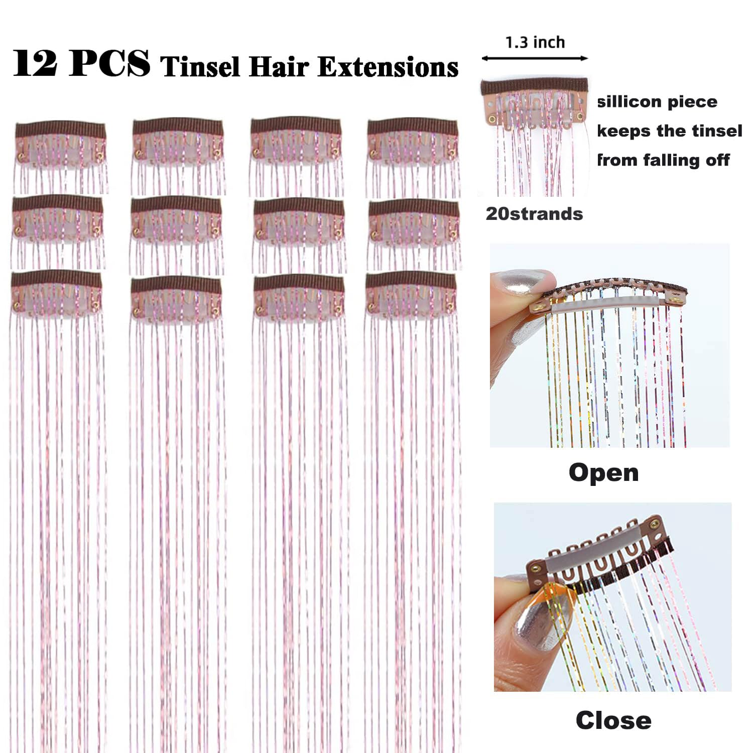 PORSMEER 12Pcs Clip in Hair Tinsel Kit,Colorful Pink Glitter Heat Resistant Fairy Tinsel Extensions with Clips,Sparkling Shiny Hair Accessories 20 Inch for Women - Image 2
