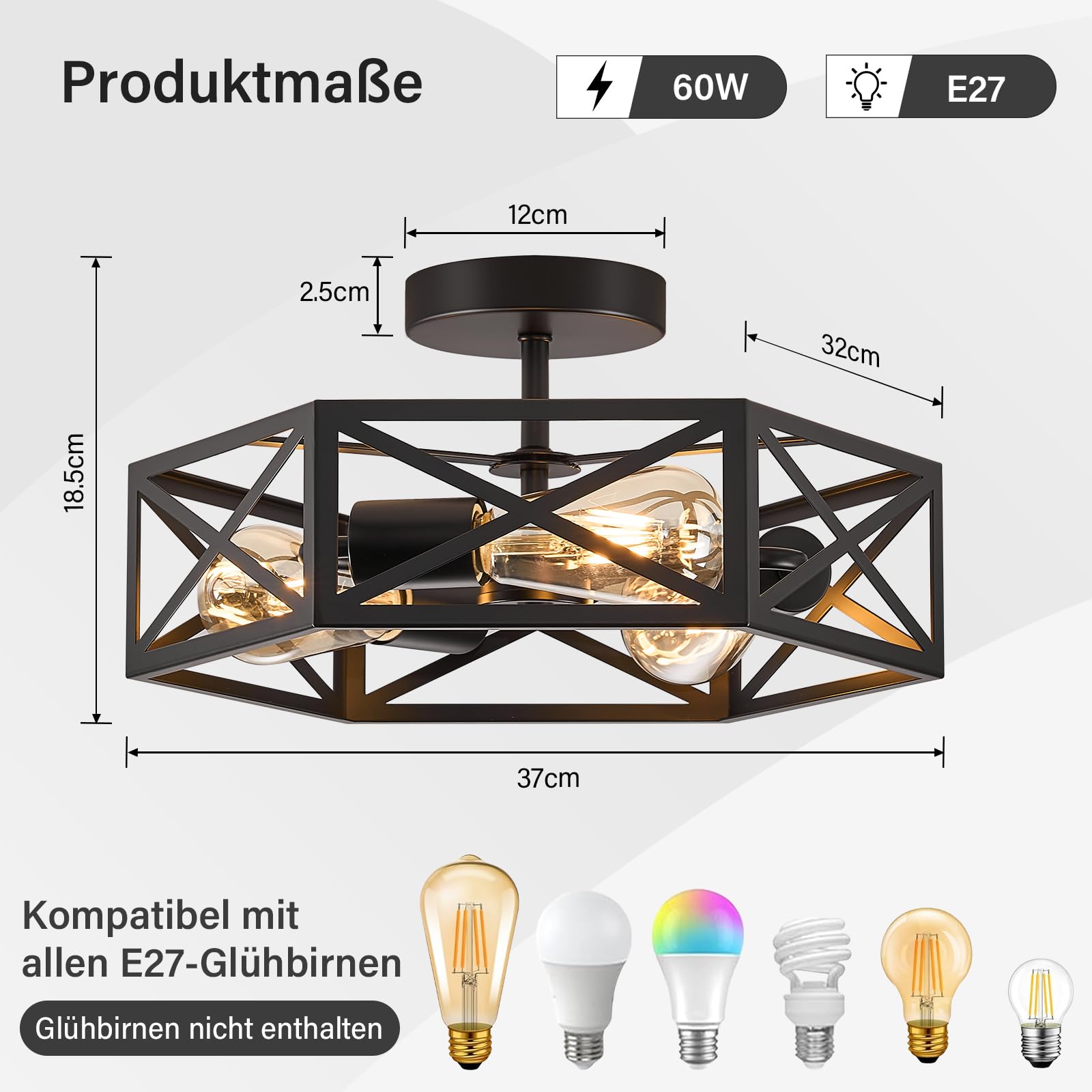 Qamra Deckenlampe Vintage Schwarz 3-flammig E27 Industrial Deckenleuchte Bauernhaus Metall Modern Käfig-Lichtarmatur für Küche, Flur, Schlafzimmer, Wohnzimmer, Eingangsbereich