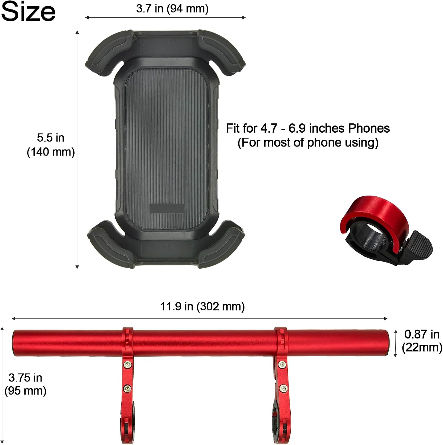 Bike Handlebar Extender with Phone Holder, 11.9" Aluminum Extension Bar, Fits 18–34mm Bars, Universal Smartphone Mount + Bell, Extra Space for Light/GPS/Speedometer, MTB/Road Bike Accessory