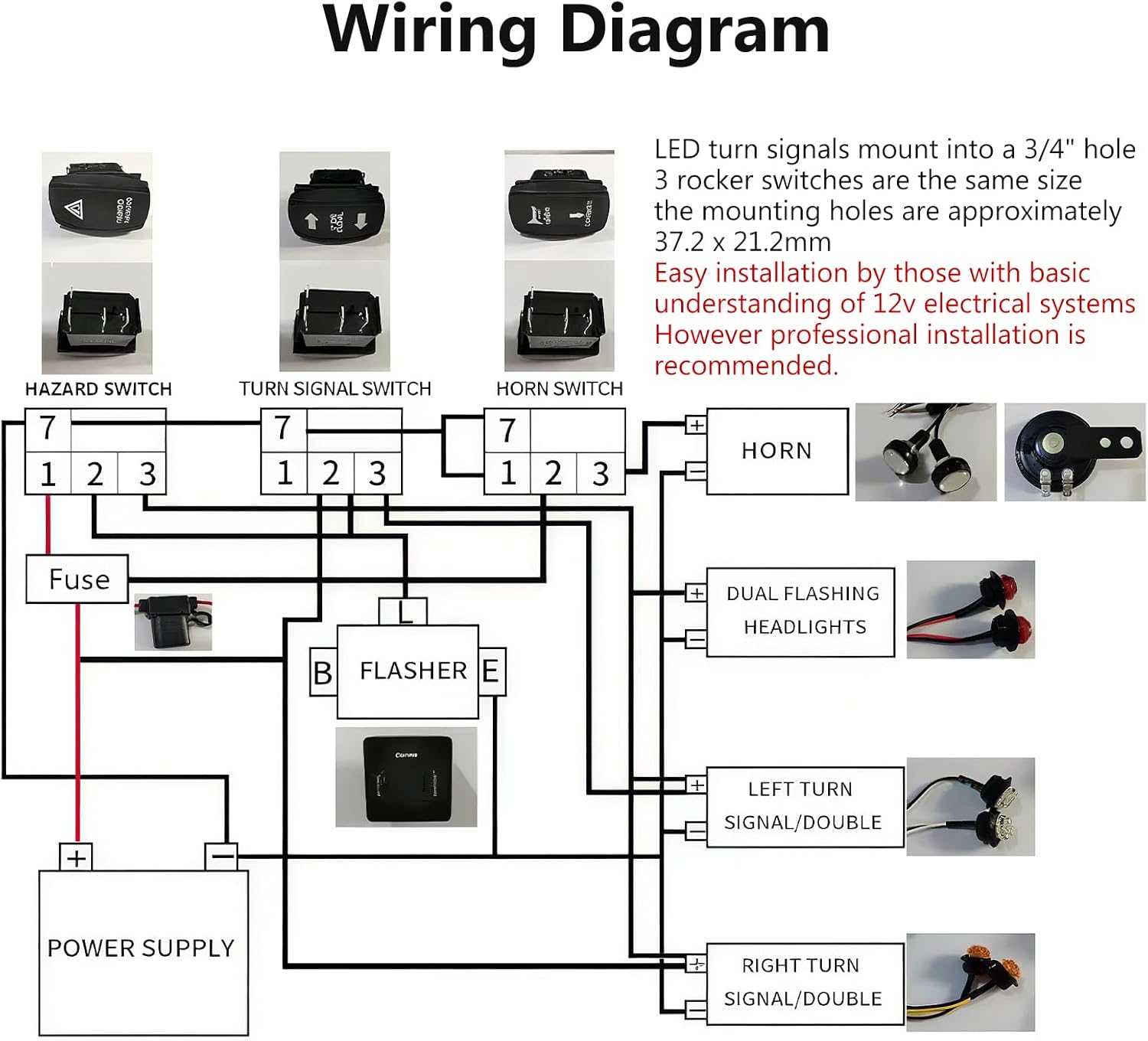UTV Turn Signal Kit with Horn, Universal Street Legal Set with Rocker Switch Hazard Lights Flasher Relay Compatible with Polaris RZR Ranger Turbo Can-Am Golf Carts Kawasaki Teryx