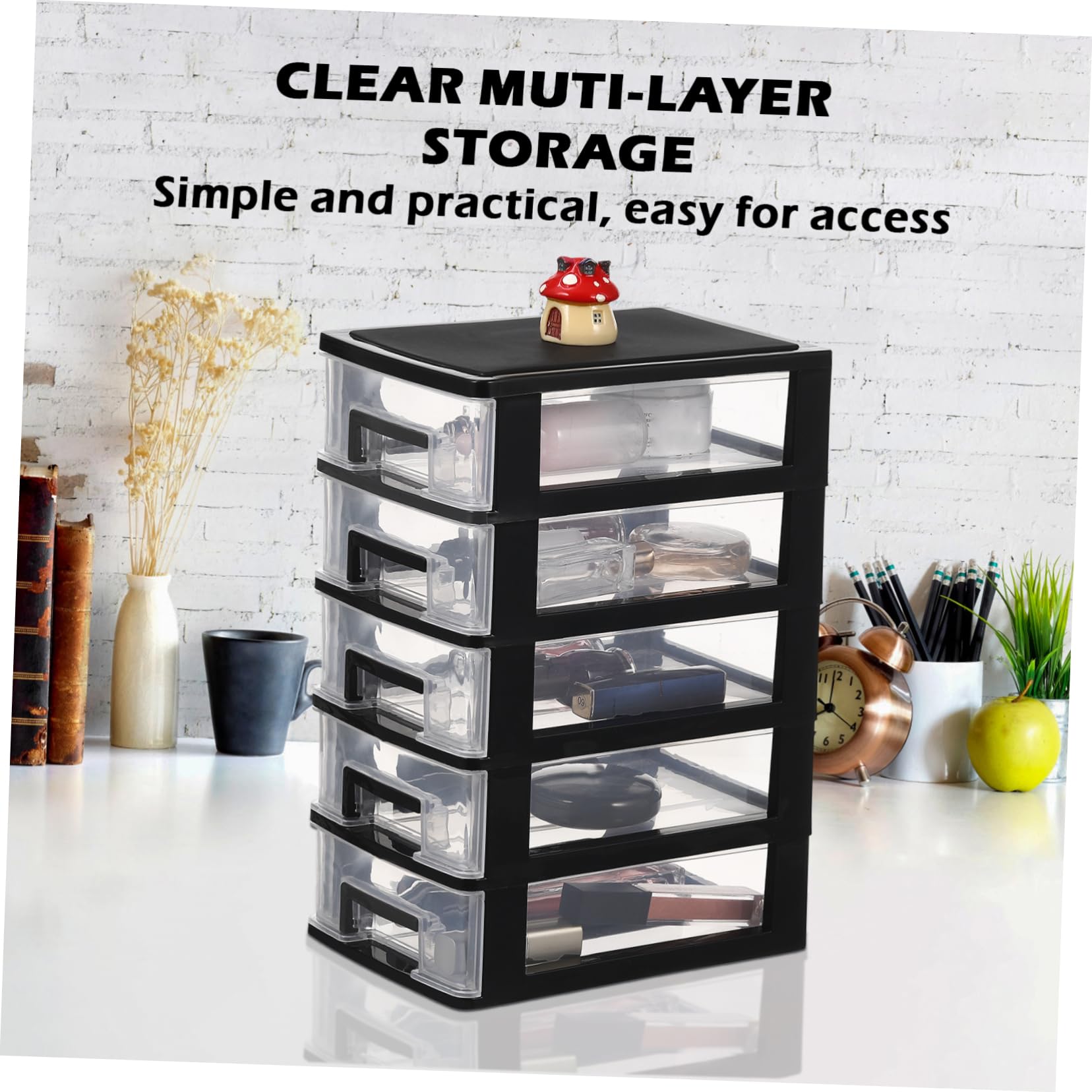 Cassettiera trasparente con 5 cassetti in plastica per cancelleria e cosmetici, piccola cassettiera da scrivania, 21,1 x 15,2 x 31,3 cm, ideale per casa e ufficio