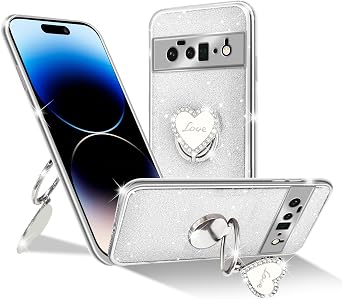 for Google Pixel 6 Pro Case,Clear Cute Glitter Bling 3-Layer Sparkle Protective Case with Ring Pretty Kickstand, Women Girls Girly Phone Case for Pixel 6 Pro 2021 Silver