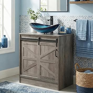 30" Barn Door Bathroom Vanity, Farmhouse Style Standing Pedestal Cabinet with Blue Boat Glass Vessel Sink