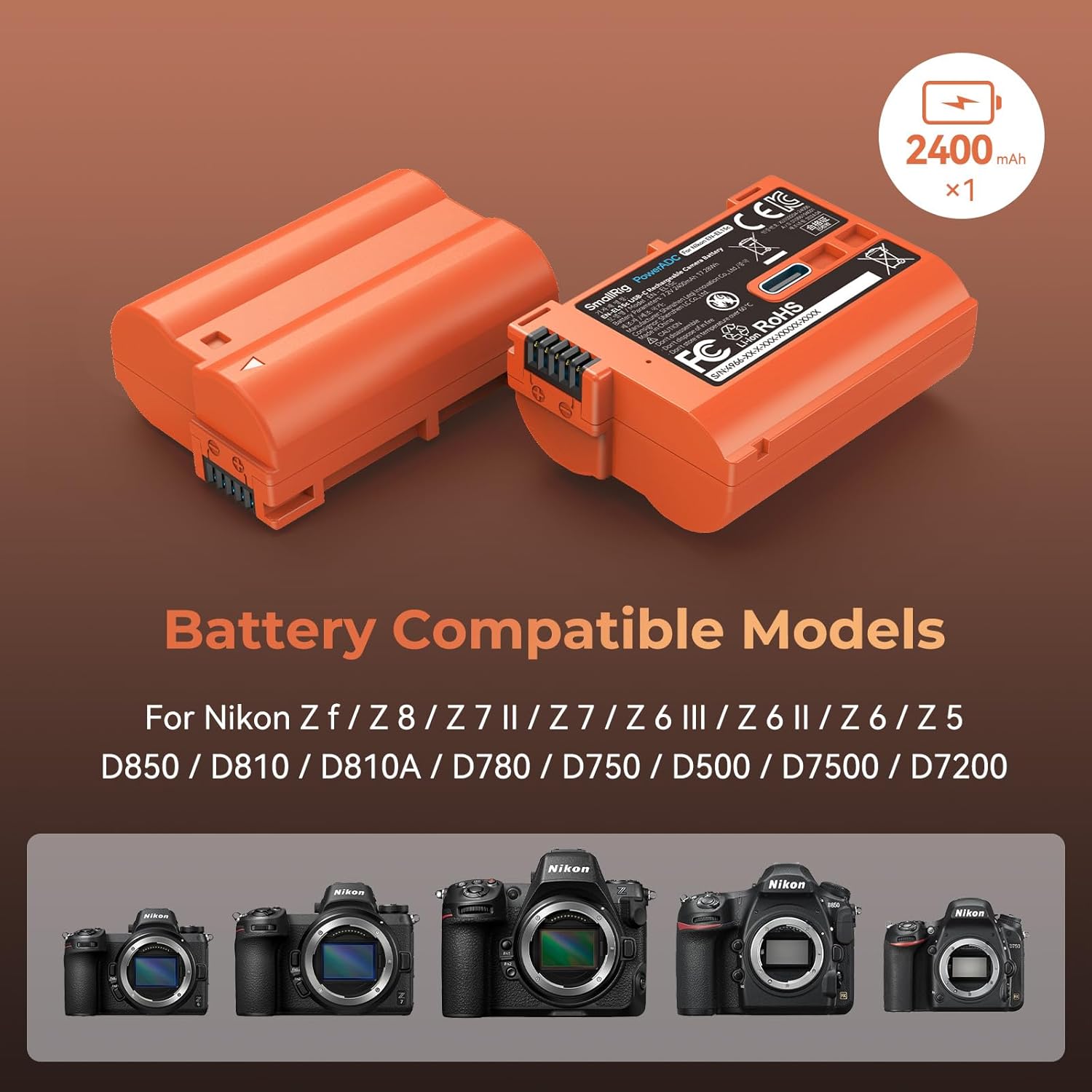 SMALLRIG 2400mAh Replacement USB-C Camera Battery for Nikon EN-EL15C, for Nikon ZR, Z6 III, Zf, Z8, Z7, Z7 II, Z6 II, Z5, D850, D810, D810A, D780, D750, D610, D500, 2.5H Fast Charging - Image 3