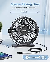 Vista 3 de TriPole Ventilador de escritorio con USB, ventilador pequeño portátil de 3 velocidades con brisa fuerte ajustable, mini ventiladores personales