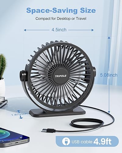 Miniatura 3 de TriPole Ventilador de escritorio alimentado por USB, pequeño ventilador portátil de 3 velocidades ajustables, fuerte brisa fuerte, mini ventiladores