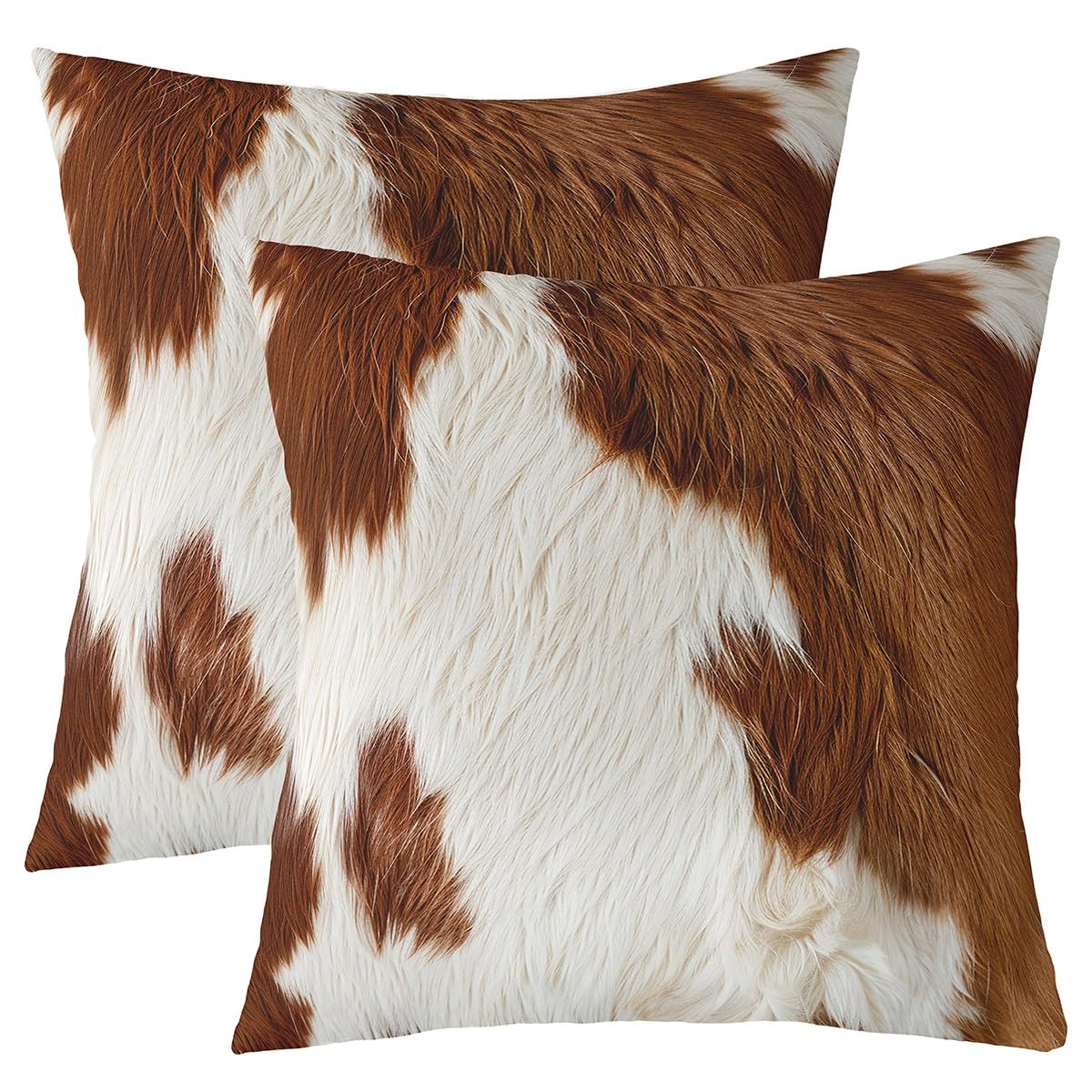 Cowhide Throw Pillow Covers Square 24"x24" Cow Fur Printed Cushion Case Home Decor Set of 2 Animal Skin Farmhouse Western Farm White Brown Pillow