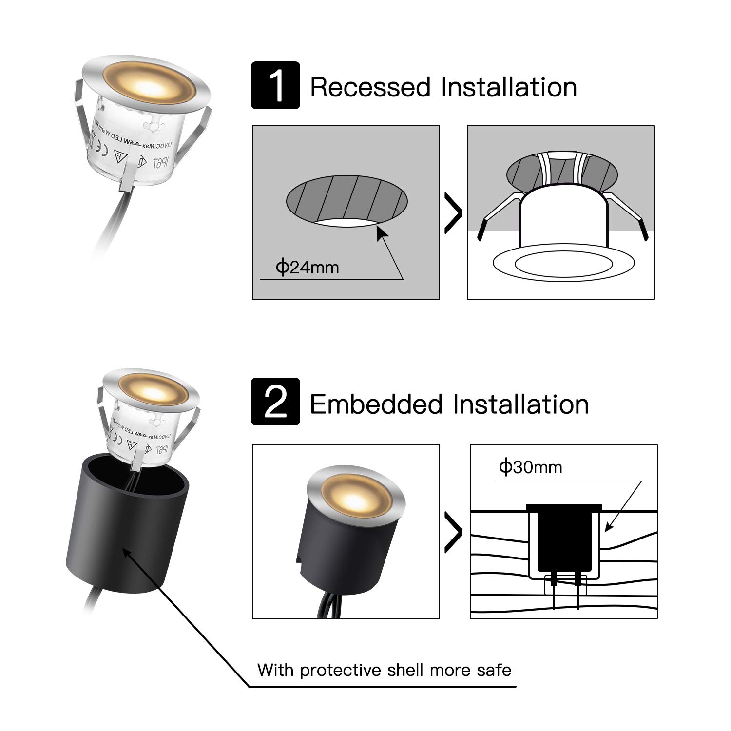LIEBMAYA Kit Luci Da Incasso a LED Con Guscio di Protezione φ30mm/24mm, Luci LED IP67 impermeabili Per Terrazze Per Illuminare Il Paesaggio, 16pz Bianco Caldo Per Giardino, Scale, Gradini, Patio