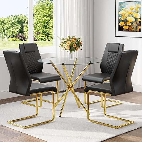 Miniatura 11 de Juego de mesa de comedor de cristal para mesa de comedor redonda de 4,36.6 pulgadas con sillas de comedor de tela, moderna mesa de comedor con patas