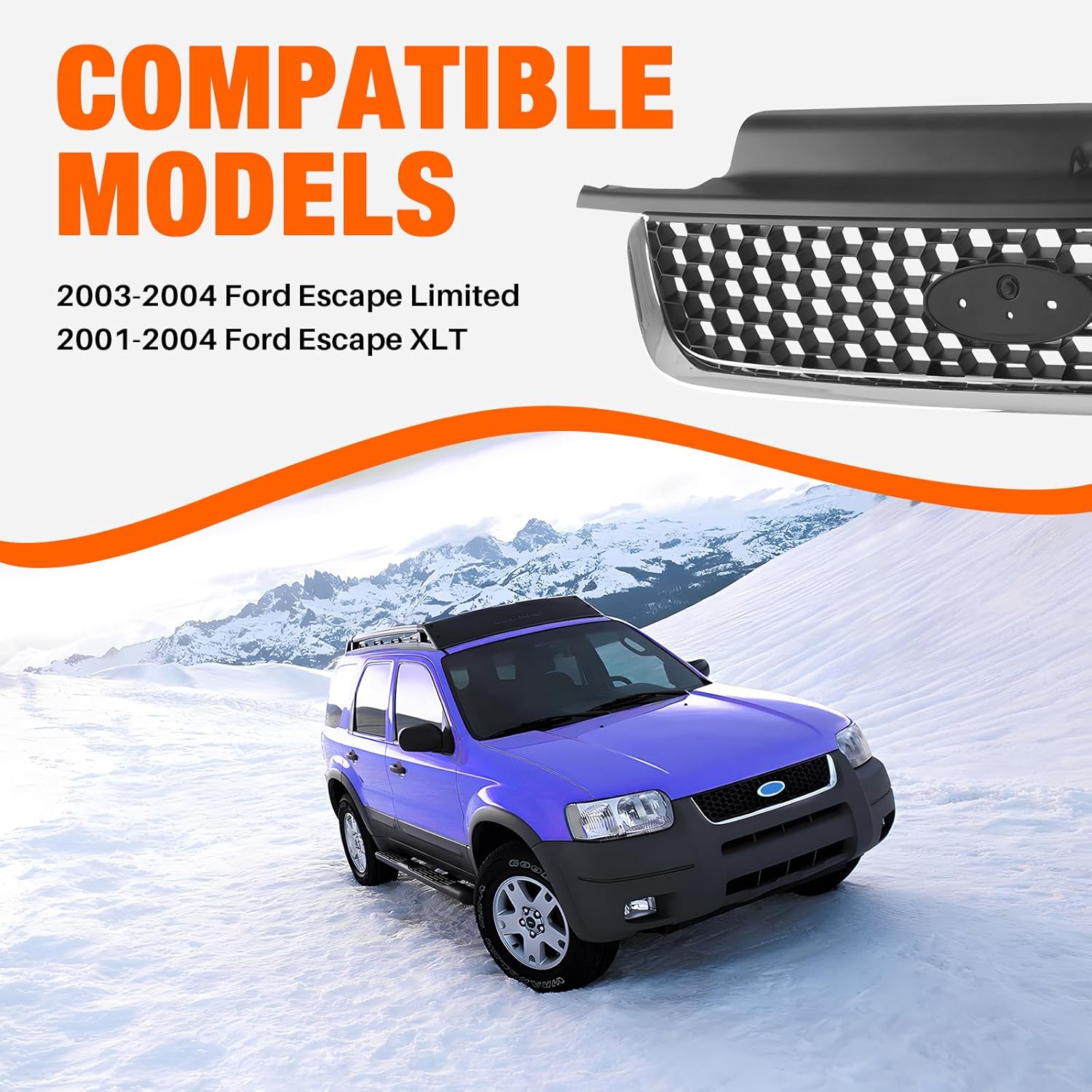 CarPartsDepot Front Chrome Shell Grille Assembly Grill Black Insert With Emblem Provision Compatible With Ford Escape Sport Utility Vehicle 2001-2004 Limited Xlt Models YL8Z17B968BA FO1200390