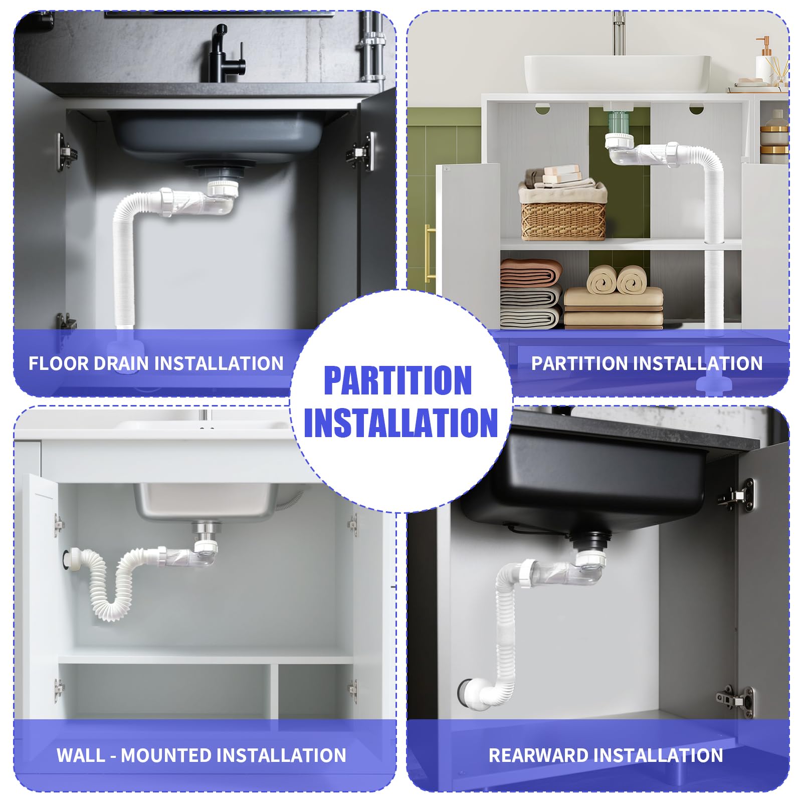 Siphon de 1 1/4", Set de 2, Économiseur d'espace, Siphon Lavabo Extra Plat Réglable, Tuyau de Vidange Flexible, Anti-Odeurs, Siphon Evier Cuisine et Salle de Bain, Blanc