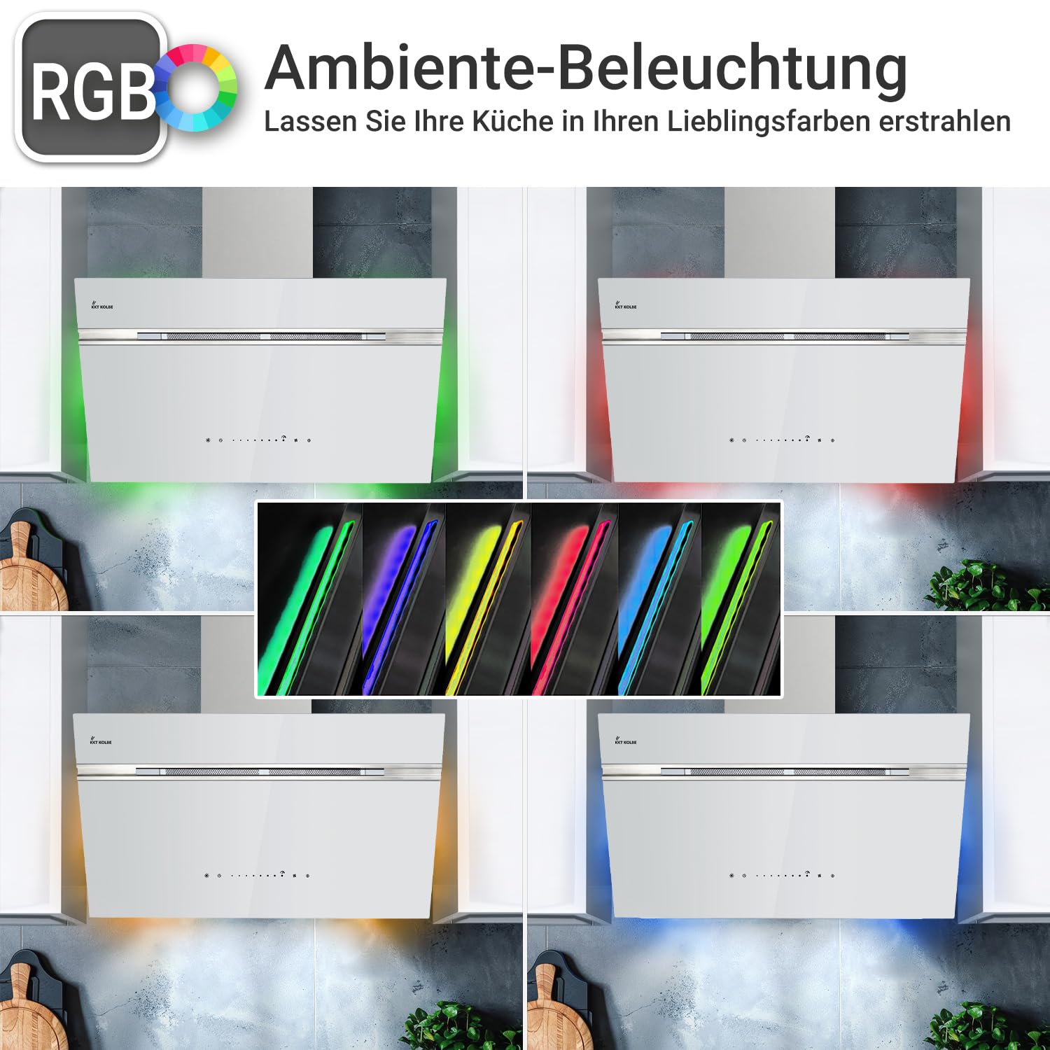 KKT KOLBE A+++ okap kuchenny 90 cm 782 m³/h obieg powietrza wylotowego bez głowy | białe srebrne szkło | automatyczne postępowanie | Smart WiFi App WLAN | SensorTouch | RGBW oświetlenie LED |